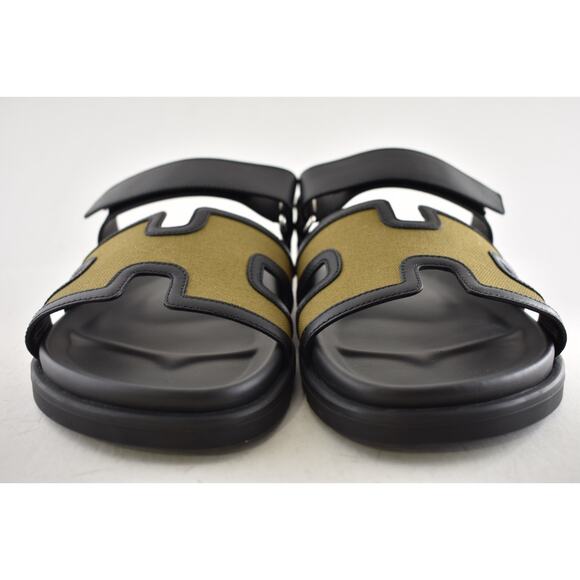 Hermes Chypre Sandal Mens Black Olive Green Canvas Cargo H Logo Slide Flat 45 12 - Picture 9 of 16